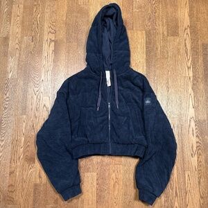 Alo Cropped Cozy Day Full Zip Insulated Jacket Blue Herringbone Womens Small